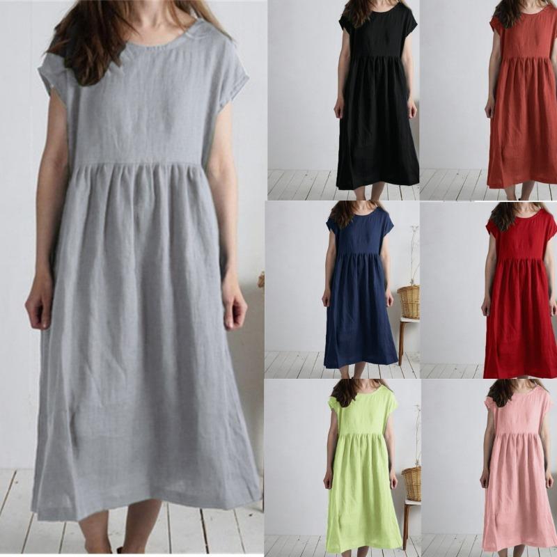 Medium Length Skirt, Round Neck, Short Sleeved Solid Color, Loose Casual Cotton and Linen Dress for Women
