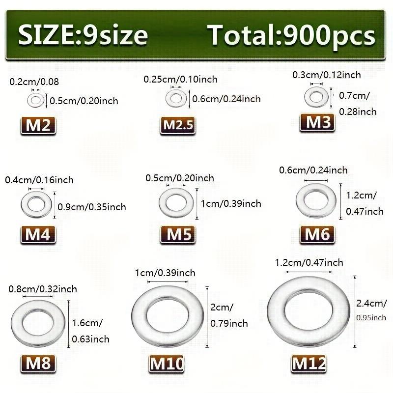 Pudełko z asortymentem płaskich podkładek ze stali nierdzewnej 304 (900 szt., M2-M12, Typ O)
