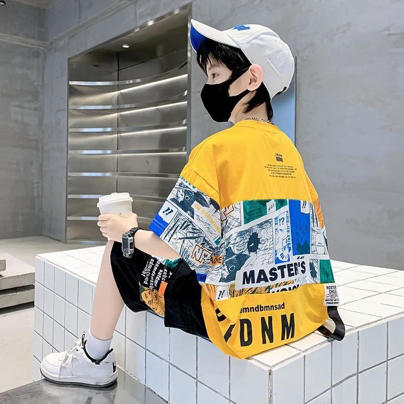 Boys' Summer Stylish Set Medium-Large Boys' Cartoon Print Crew Neck Short-Sleeve T-Shirt + Shorts Two-Piece Set