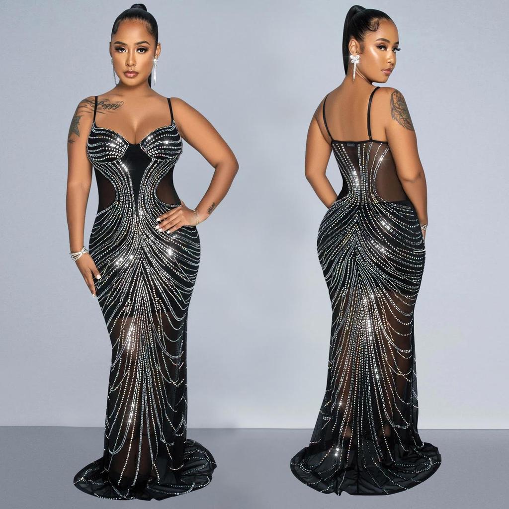 Women's Fashion Solid Color Mesh Strappy Long Dress with Hot Drilling Details