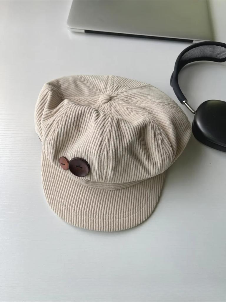 Vintage Corduroy Beret Hat For Women Korean Button Octagonal Cap Autumn Winter Painter Artist Hats Japanese Brown Peaked Caps