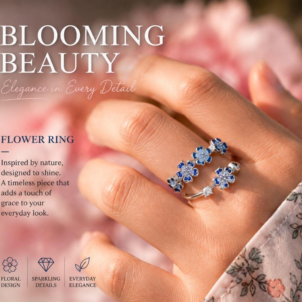 Adjustable Open Flower-shaped Ring Five-pointed Star Decorative Ring Anniversary Gift