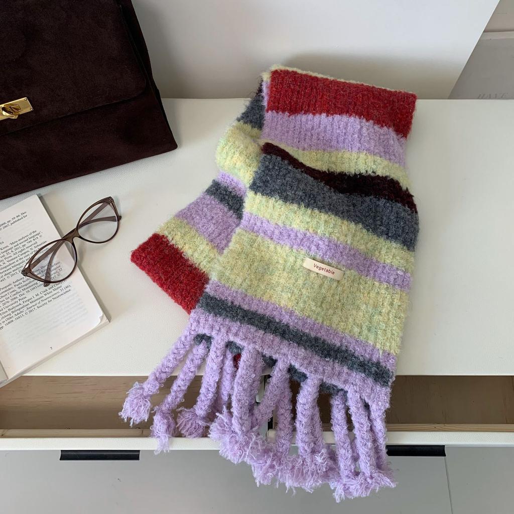 New colorful and versatile contrasting color warm scarf women's winter stripe wide version durable fashion knitted scarf