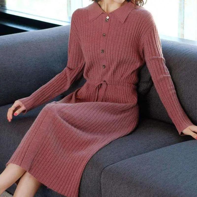 Women's Autumn Elegant Knitted Collar Dress Ladies Mid To Long Simple Skinny Knee Length Dress