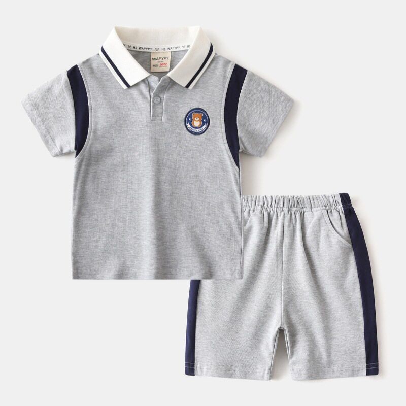 Children's Summer Clothing Boys' Short-Sleeved Suit Baby Lapel Polo Shirt Shorts Two-piece Set Children's Embroidery Bear Clothes