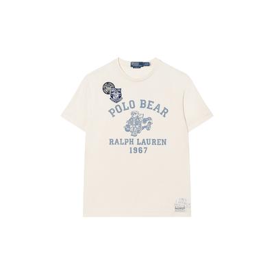 Polo T-shirt för män med tryck av bokstäver och siffror, rund halsringning, korta ärmar, tvättad vit MNPOTSH1N822063-100