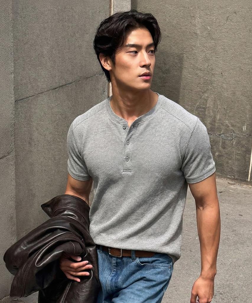 Michikoleondeonseupocheu [2Pack] Waffle Henley Neck Muscle Fit Short Sleeve T-Shirt