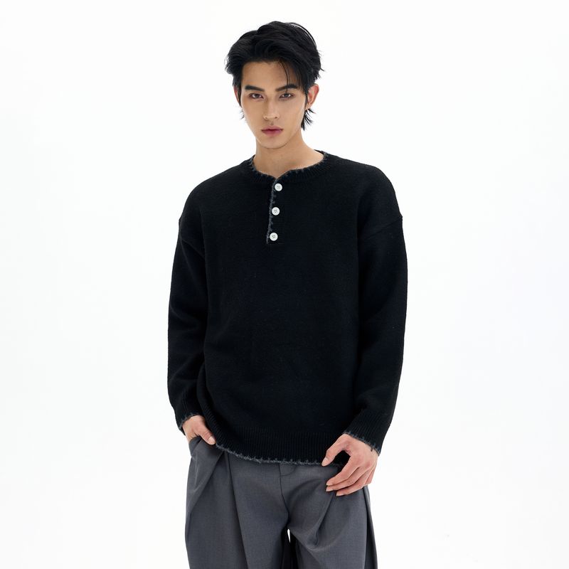 Kisko American-Style Henry Collar Hand-Stitched Wool Blend Knit Sweater for Men and Women, High-End Lazy Base Layer Top