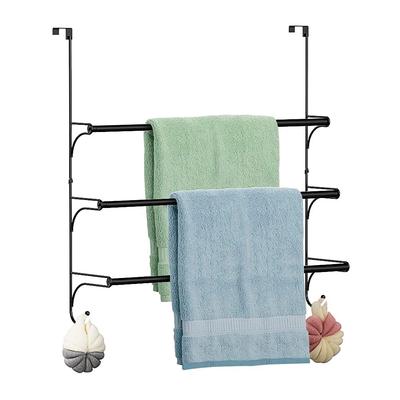 Extendable Towel Hanger, Door Hook, 3 Tiers with 2 Hooks, No-Hole Installation, Space-Saving for Bathroom and Kitchen, Black