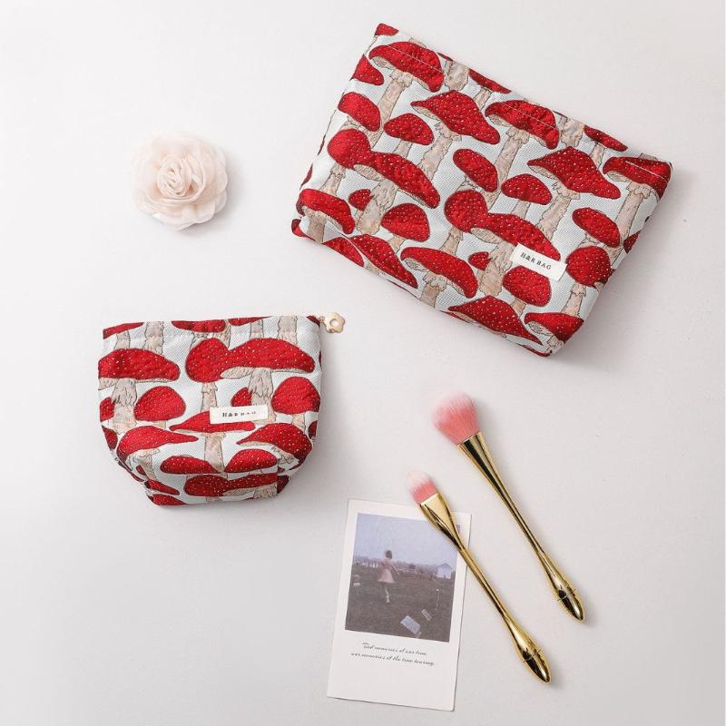 Retro Artistic Mushroom Jacquard Fabric Makeup Bag, Women'S Clutch Bag, Zippered Square Bag, Toiletry Bag