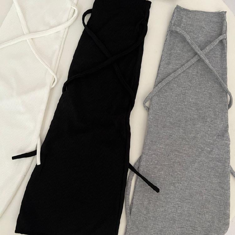 Women Harajuku Solid Color Flared Leg Warmers Lace Up Bandages Leg Sleeves Cover Footless Wide Leg Long Socks Streetwear