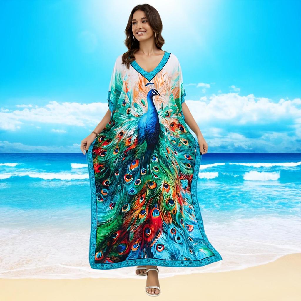 Kaftan Strandkleid Rayon Damen Boho Bunt Bedruckt Plus Size Maxi Sommer Badeanzug Cover Up
