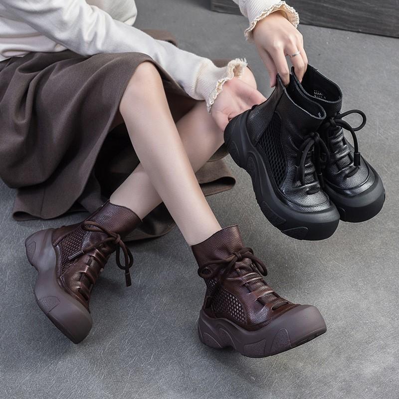 Johnature Cizme din piele naturală cu decupaje, retro, lucrate manual, cu vârf rotund, respirabile, pentru femei, cu talpă groasă