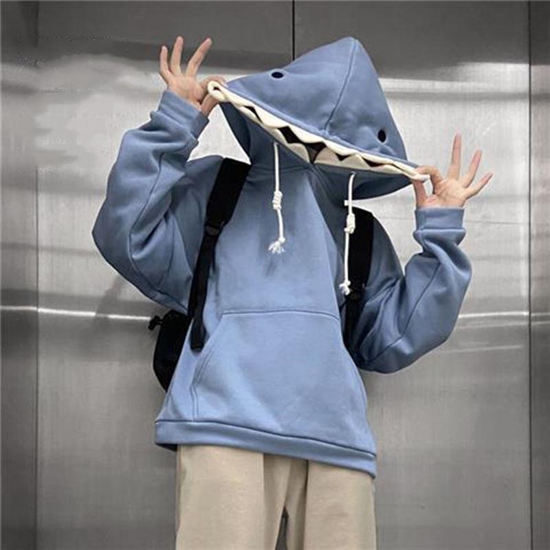 Unisex Shark Hat Sweatshirt: 2021 Autumn/Winter, Velvet-Lined, Loose Fit, Humorous Design for Couples and Students