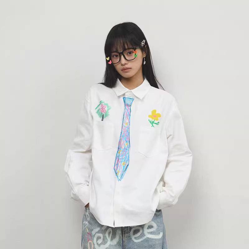 

Креативная футболка в стиле колледжа с граффити мелками и тай-дай - Модная свободного кроя на весну/осень 2025 Double Extra Large белый