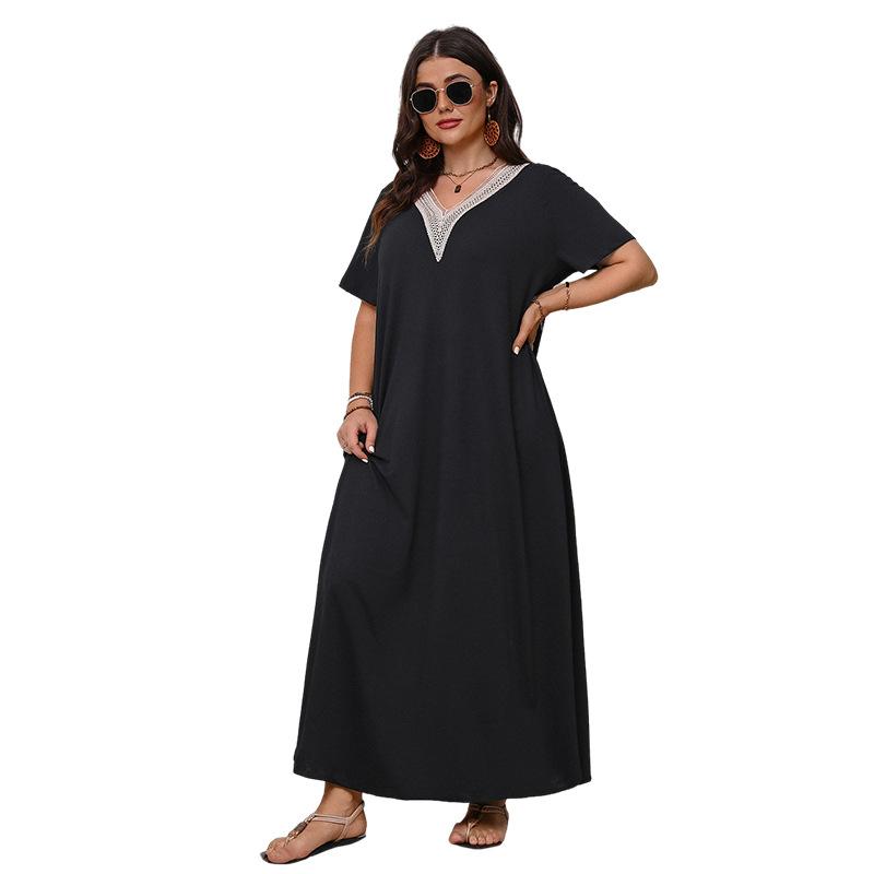 Summer Plus Size V Neck Slim Fit Long Dress Elegant Black Loose Dress For Women Fashion Comfortable Versatile Dress