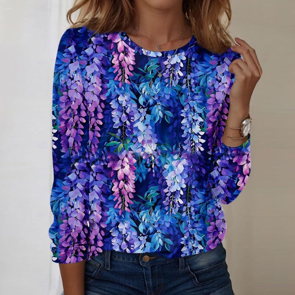 Women Fashionable Casual Long Sleeved Round Neck Floral Graphic Top Basic Design Loose And Comfortable Pullover