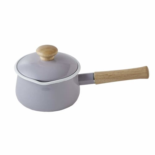Fuji Enamel Milk Pan with Lid, 15cm, 1.2L, Gas and Induction Compatible, Purple Ash, Long Handle, Enamel Pot