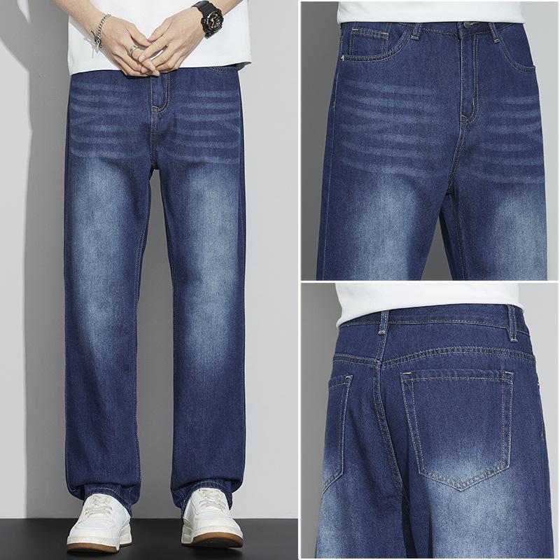 

New Style Non-elastic Tencel Soft High Street American Retro Straight Jeans For Men Summer Loose Wide Legs Versatile Men 42 синій