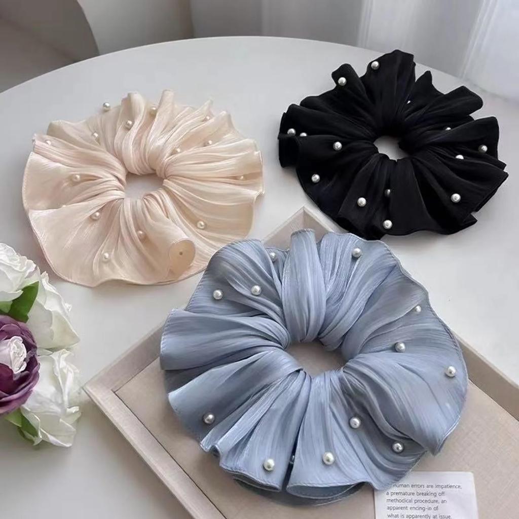 Sweety Romantic Gauze Hair Rope For Women Flowing Gauze Pearl Large Intestine Hair Ring Girls Fashion Elegant Hair Accessories