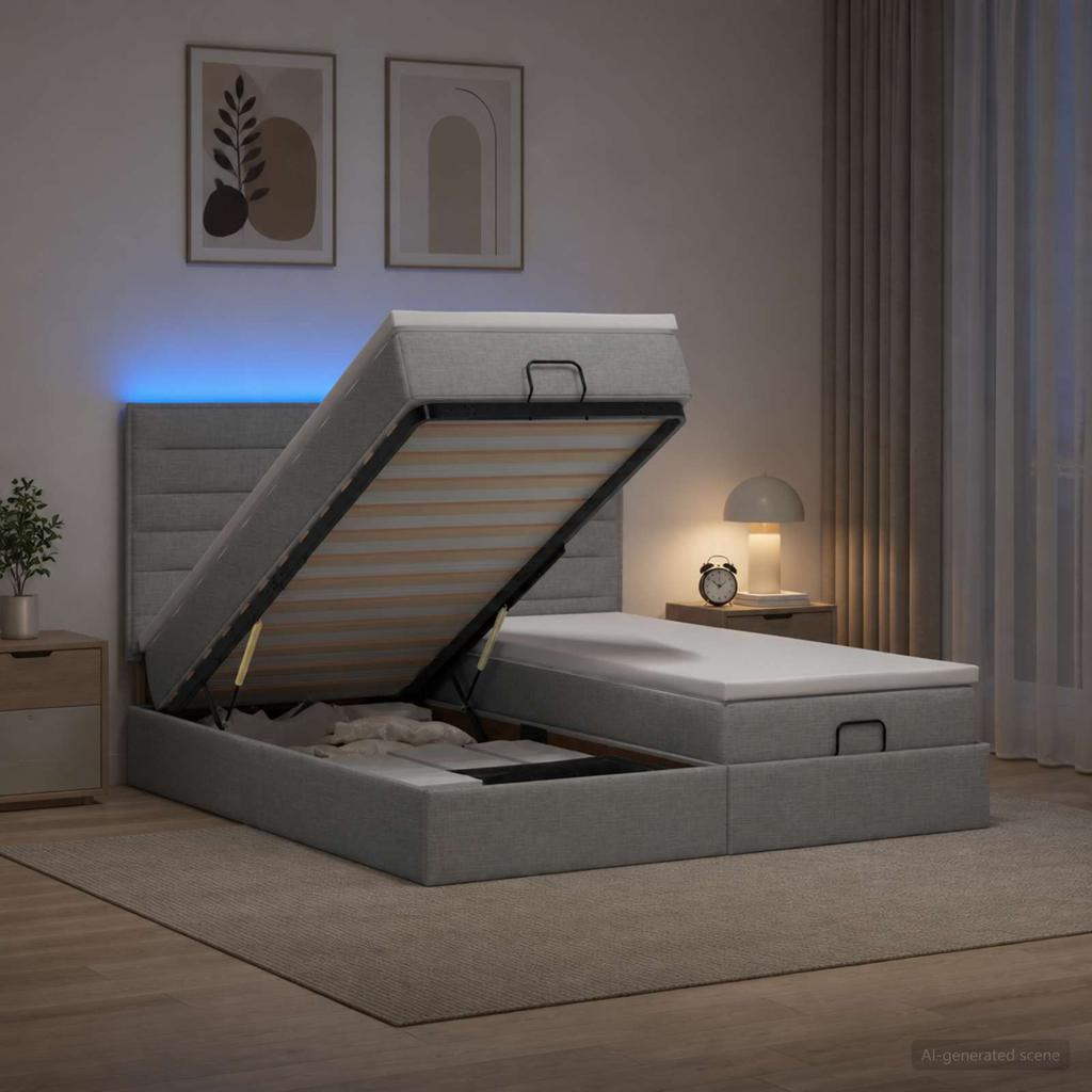 Ottoman Bed with Mattress and LED Light Gray 160 X 200 Cm Fabric