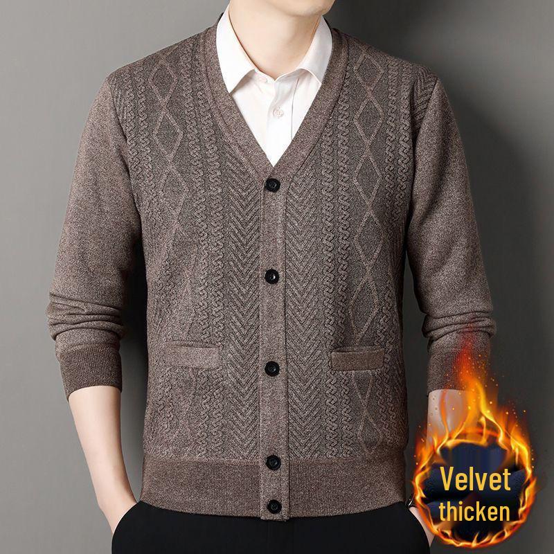 Men's V-Neck Thick Fleece Cardigan: Warm Knitwear for Dad and Grandpa