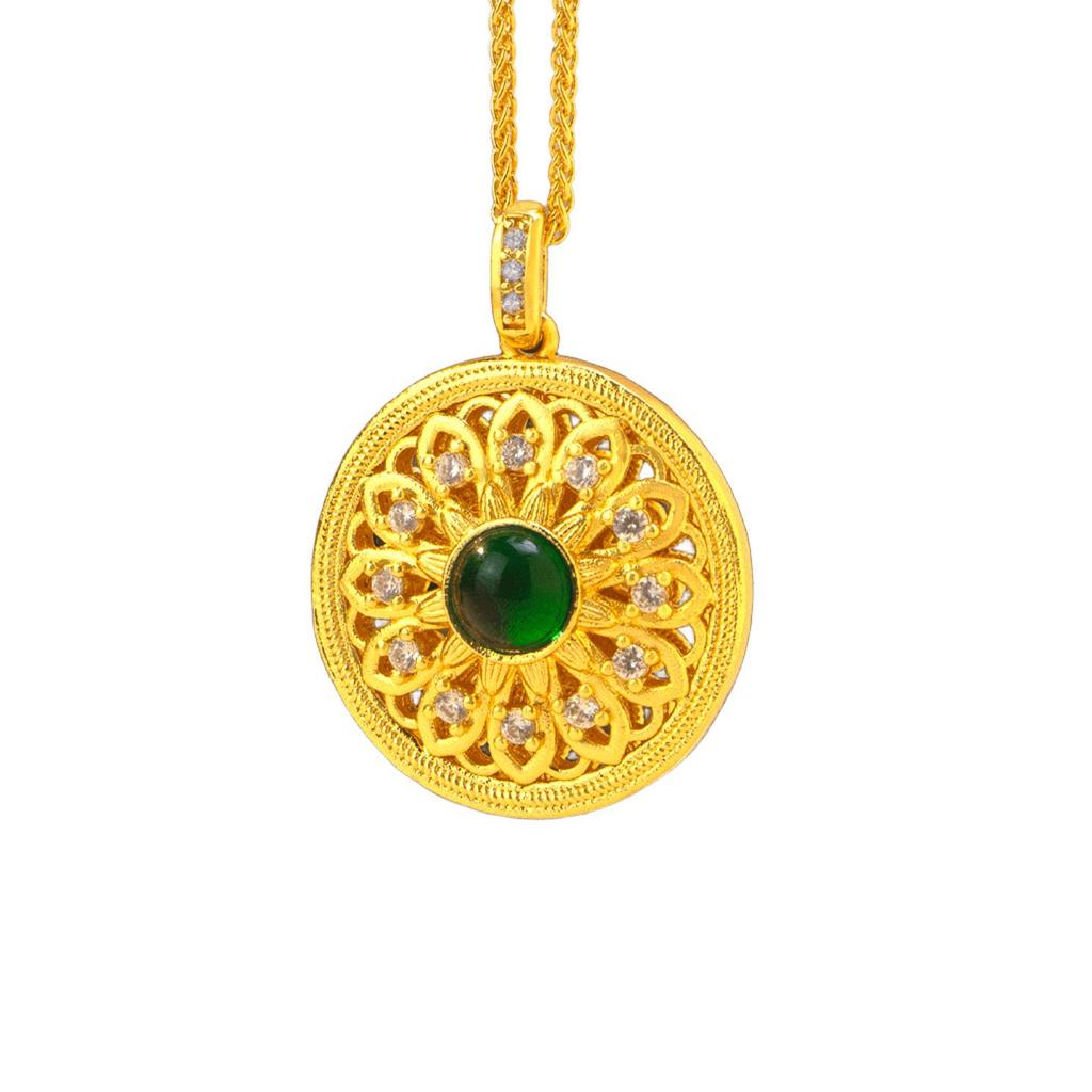Sand Gold Sunflower Pendant with Rhinestones & Green Stone - Versatile Retro Clavicle Chain