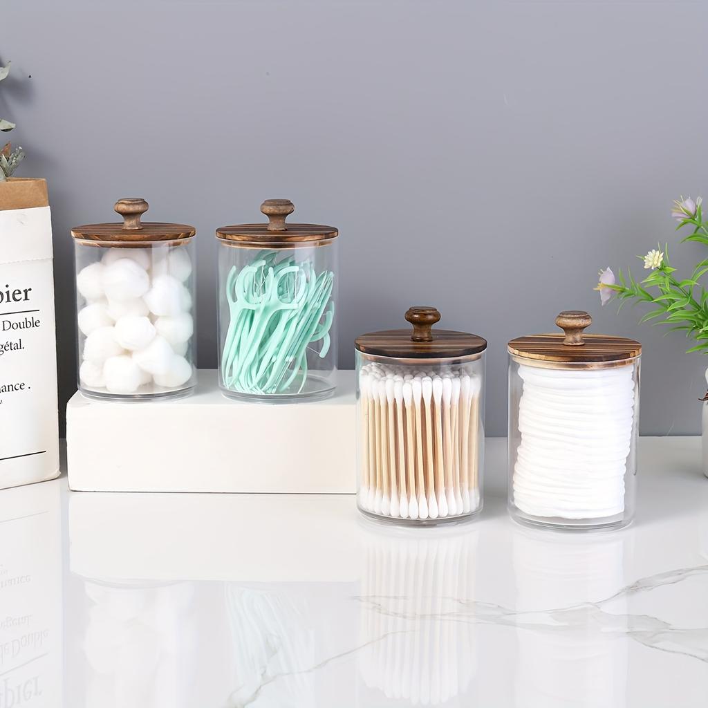 2/4 Pack Holder - Restroom Bathroom Organizers and Storage Containers, Clear Plastic Apothecary Jars with Wood Lids