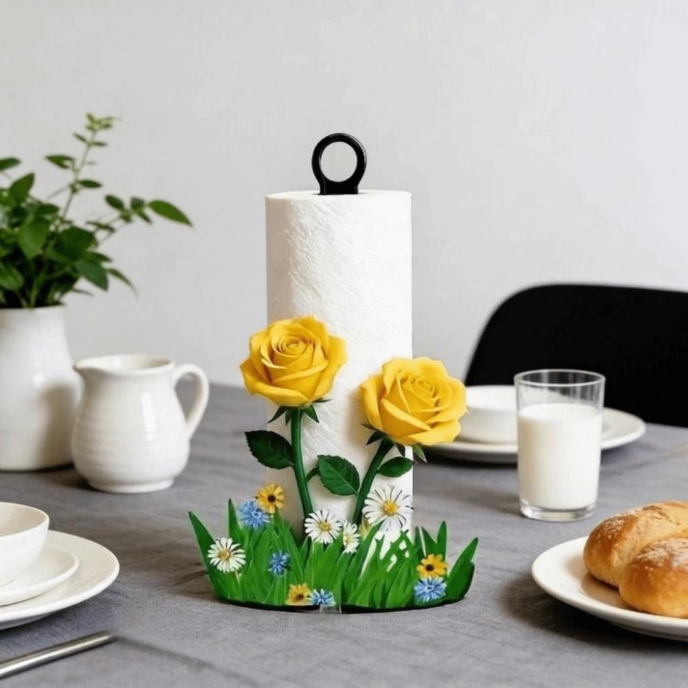 2D Flat Floral Tissue Holder Wooden Base Vertical Napkins Rack Practical Tissue Stand for Kitchen