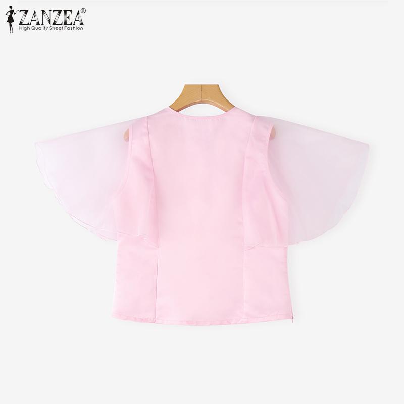 ZANZEA Damen Lässig Mesh-Einsatz Rüschenärmel Sommer V-Ausschnitt Bluse