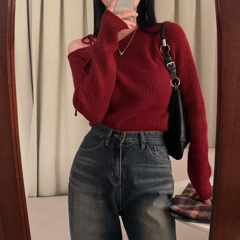 Elegant Off Shoulder Pullover Women Sweater 2025 Fashion Autumn Slant shoulder Long Sleeve Knit Top Lace-up Solid Casual Korean Style Clothes