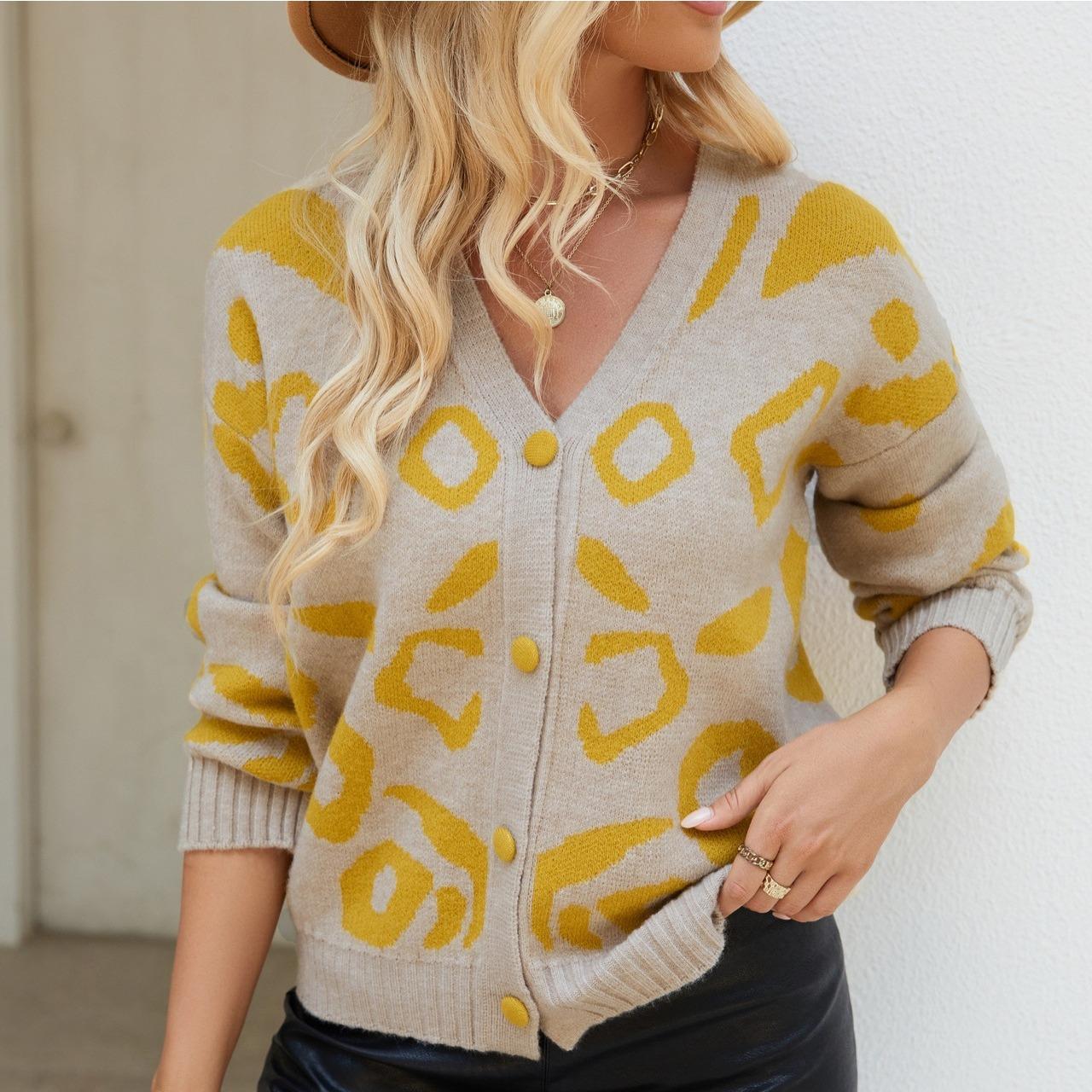 

GMXIA Кардиган с леопардовым принтом для осени и зимы, однобортный вязаный свитер с V-образным вырезом и длинными рукавами для кардигана XL абрикосовый