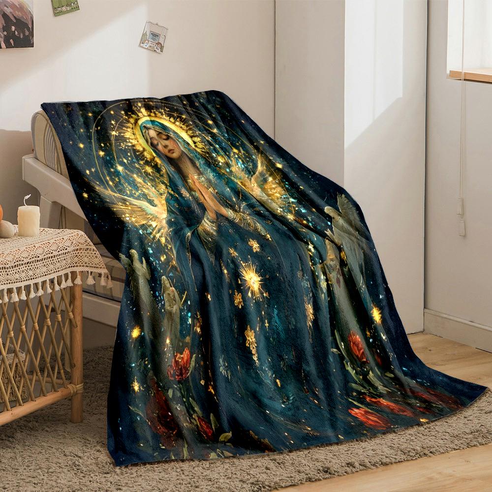 "Praying Woman with Halo and Angelic Design"Flannel blanket for bedroom, living room, sofa, and nap