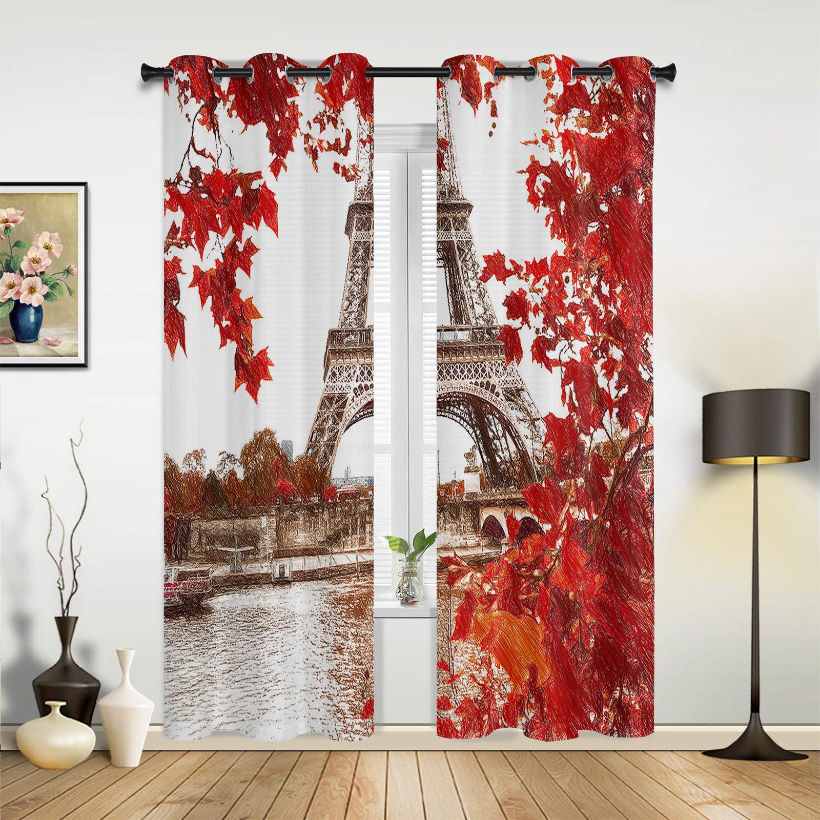 Красный кленовый лист Башня Масляная живопись Оконная занавеска Спальня Гостиная Оконные — фото 3