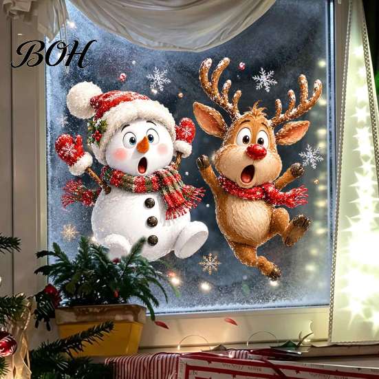 Seasonal Home Window Decor Christmas Static Clings, Removable Glass Decals, Snowman Santa Reindeer Nutcracker Glue Free Film with Snowflakes, Reusable