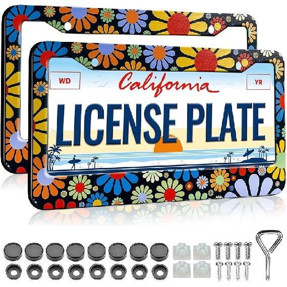 Cute Pink Strawberry License Plate Frames Holder - 2 Pack Fruit Pattern License Plate Holder Universal Aluminum Metal Rust-Proof Waterproof Car