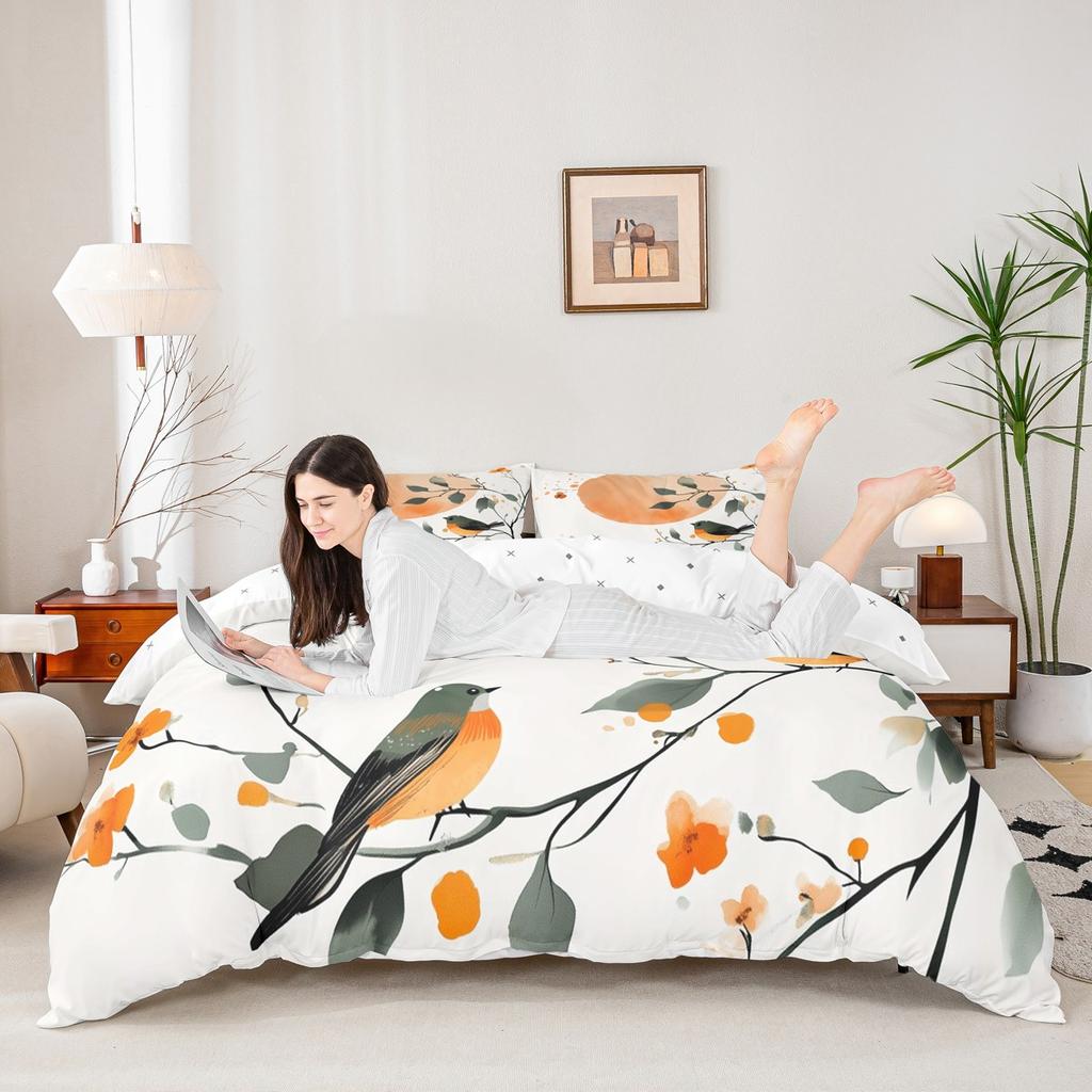 Homewish Modern Minimalist Duvet Cover Set, Chic Bird Bedding Set, Botanical Leaves Quilt Cover Set, Bedroom Decor