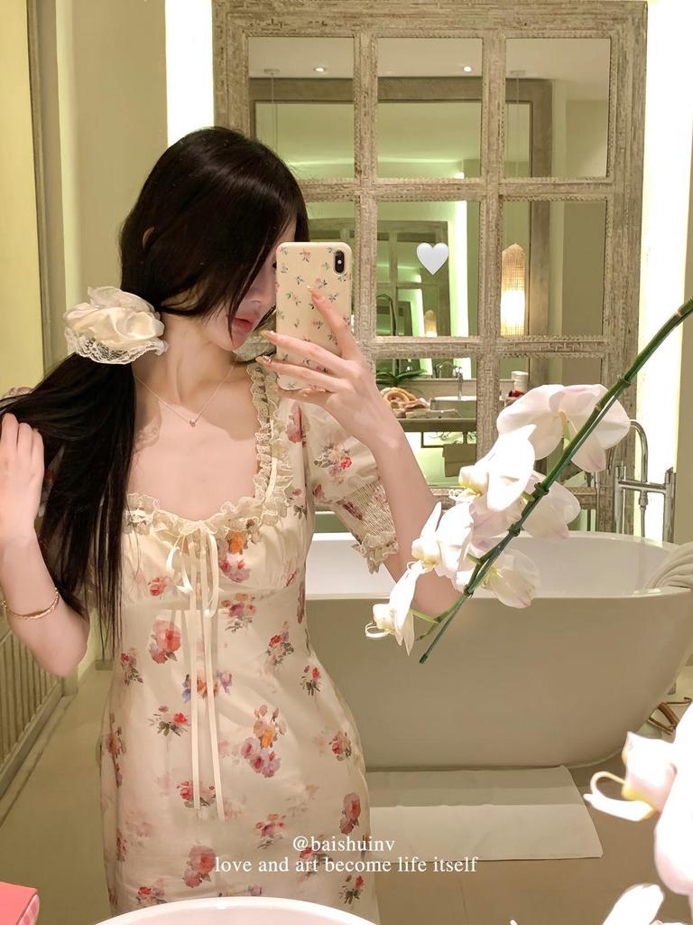 White Tower Women's Elegant Fairy Style Lace Dress - Summer/Autumn Korean Chic Long Dress