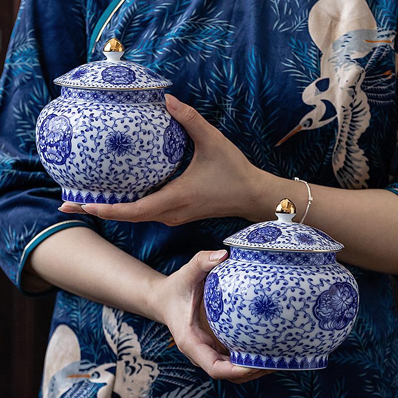 Antikk Blå og Hvit Porselen Oppbevaringskrukkelokk Gullbelagt Oppbevaringsbeholder Husholdning Stor Kapasitet Forseglet Keramisk Tebeholder