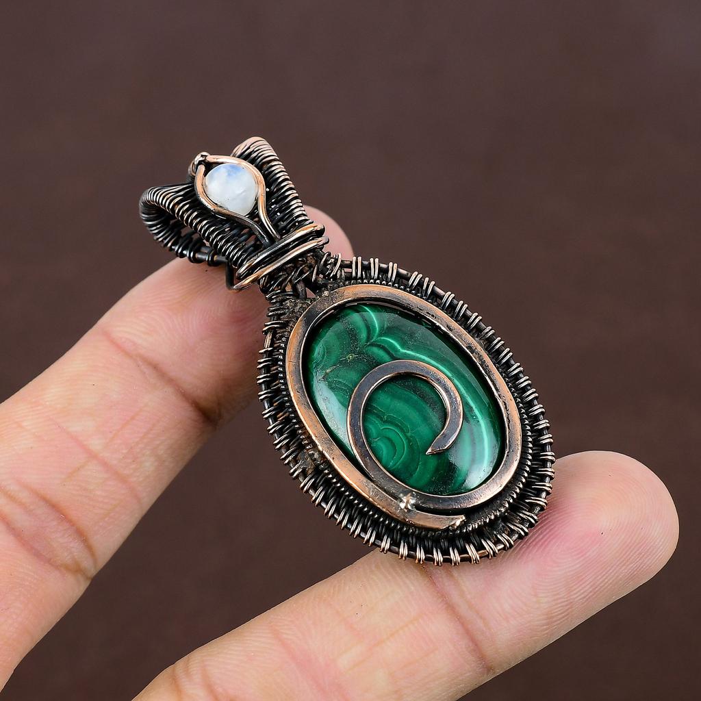 Natural Malachite,Moonstone Stone Handmade Copper Wire Wrap Pendant 2.36" R8E90