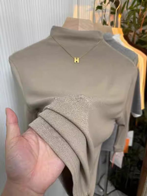 Women's Spring 2026 Red Mid-Sleeve High-Collar Slimming T-shirt – Fashionable Simple Solid Color Top