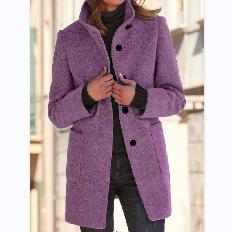 Womens Vintage Solid Color Button-Up Stand Collar Wool Blend Coat Winter 2026