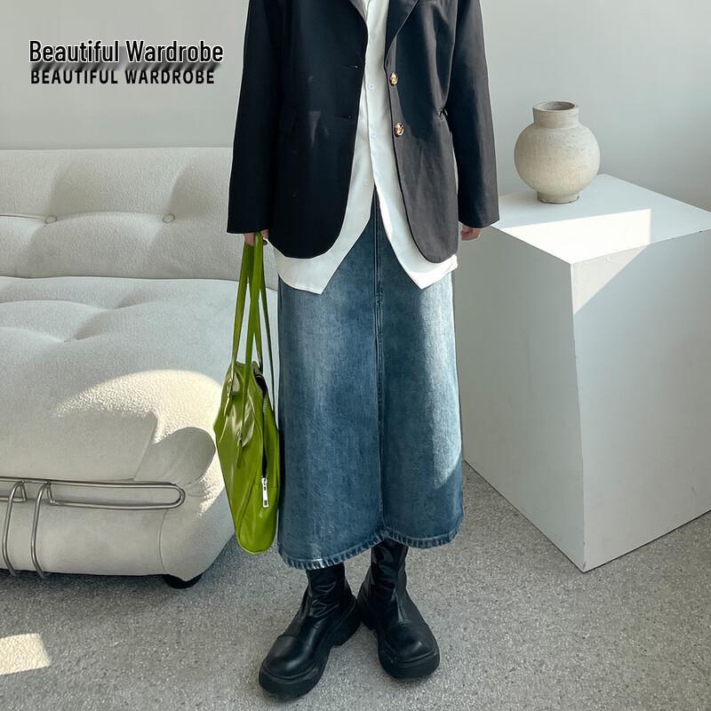 Women s High-Waisted A-Line Denim Midi Skirt with Slit 32