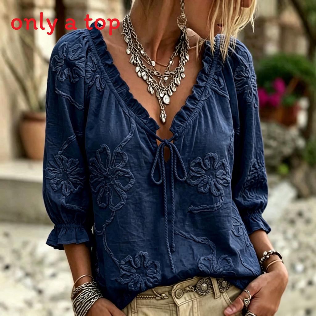 Camicetta Ricamata Floreale Vintage con Scollo a V e Dettagli a Ruffle per Uso Casual