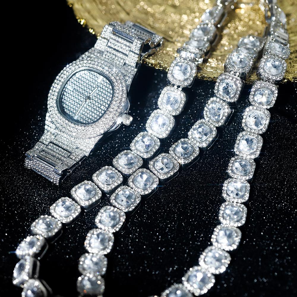 3pcs Copper Watch Jewelry Set Iced Out Cube Sugar Chain+Bracelet With Stylish Inlay Diamond Watch For Men Women Trend Party Gift