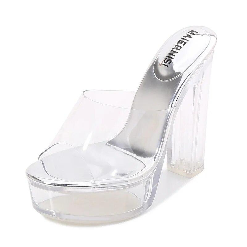 Frauen Dicke High Heels Flacher Mund Kristall Transparent Sexy Bühne Laufsteg 13 cm Absatz 3,5 cm Plattform WZ