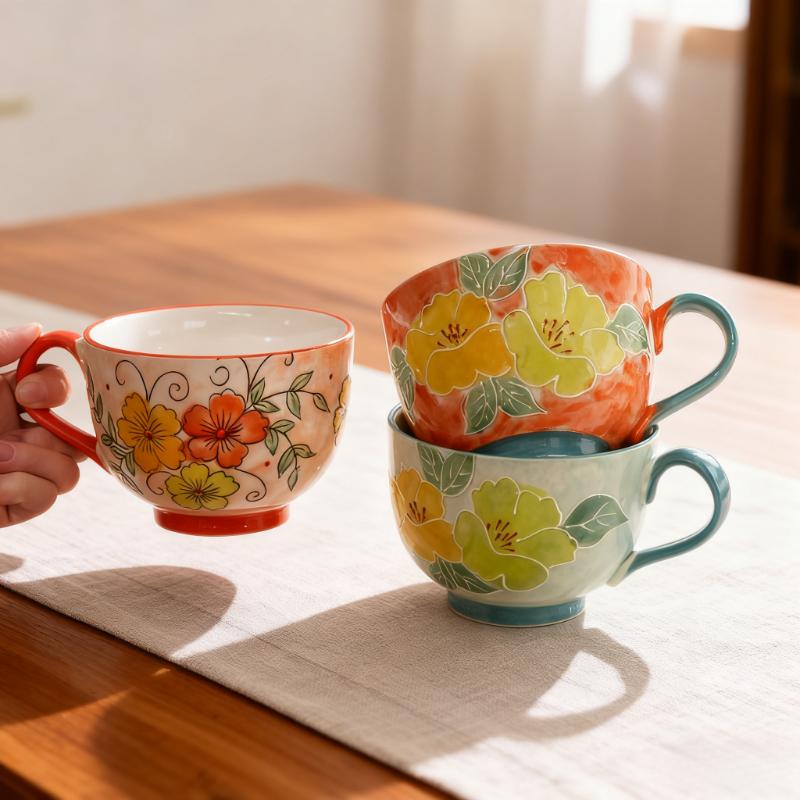 Embossed Pure Hand-painted Ceramic Cup Beautiful Large Capacity Breakfast Cup High Value Flower Tea Cup Milk Oatmeal Cup