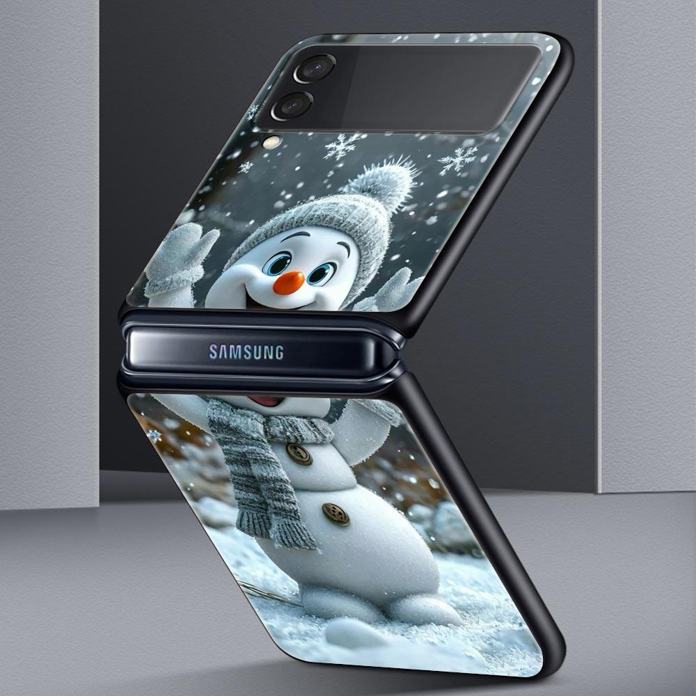 Christmas Snowman Hard PC Phone Case For Samsung Galaxy Z Flip 7 6 5 4 Black Cover For Galaxy Z Flip 3 Foldable Shell Fundas Bag