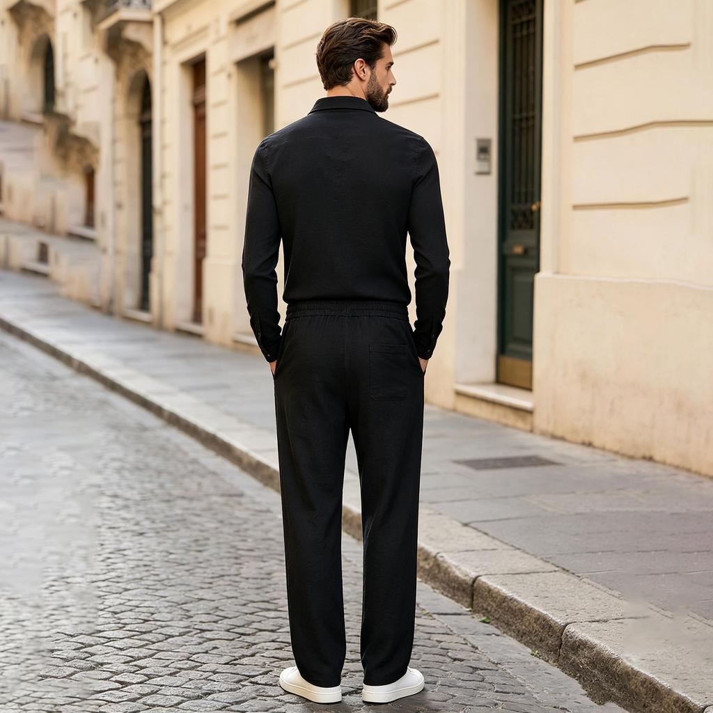 Men's Casual 2 Piece Outfit Set - Lightweight Long Sleeve Lapel Collar Shirt and Pants for Fall