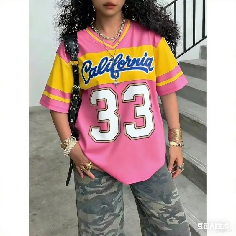 Women's Girls Casual Personality Number & Letter Printing Soccer Pattern Color Block Short Sleeve V-Neck Children T-shirt Tops